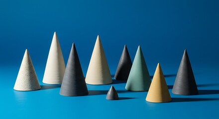 Conical shapes arrayed on a blue surface with bright lighting