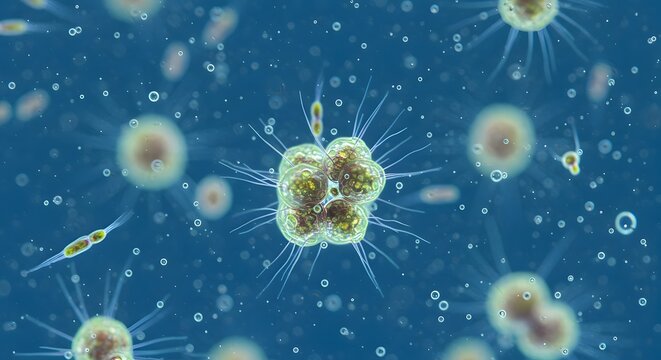 A close-up of single-celled microorganisms swimming in water, showcasing their tiny, diverse shapes and textures under a microscope.