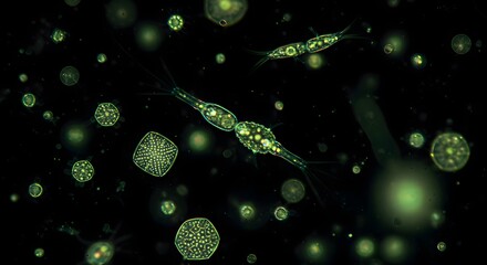 A close-up of colorful marine plankton floating in clear underwater water.