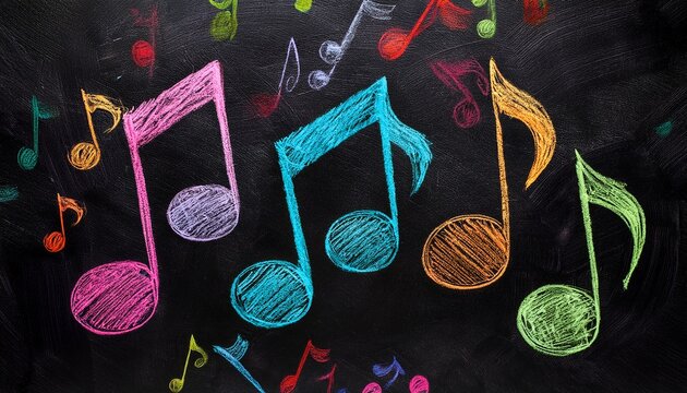 a black chalkboard with colorful music notes drawn on it