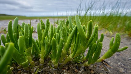 Green succulent plants growing in coastal sandy environment