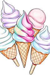 Collection of four colorful ice cream cones in pastel shades, featuring swirled, scooped designs against a white background. Vivid, playful illustration ideal for summer themes.