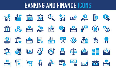 Set of Banking and finance vector icon. Graph, Search, Safe, Business, Plus, Bank, Finance, Write Check, Pay, Cash, Error, Gear, Coin, Dollar, Money, Tag, Analytics, Mouse, Growth illustration. 