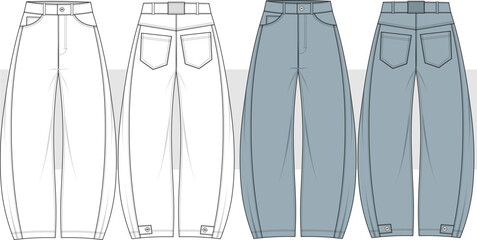 Unisex Balloon Jeans fashion technical drawing, illustration. Baggy, Boyfriend, Mom-fit Jeans vector. Front and Back View. Fashion Flat Sketch, Vector. CAD, Mockup set. © gulsenbozkurt