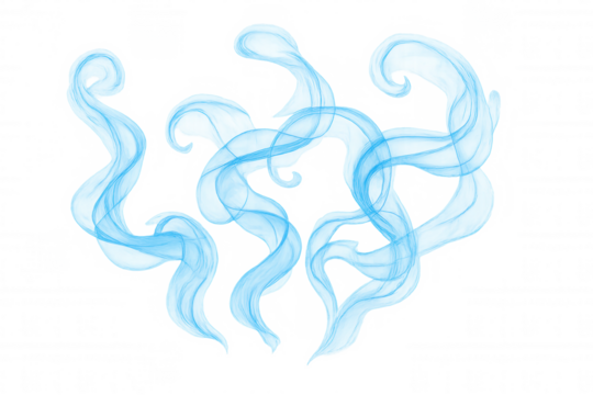 Blue smoke swirls, transparent vapor effect, light abstract steam design element, flowing air current, curved wave pattern