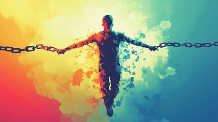 Abstract individual breaking free from stress chains, vibrant colors symbolizing freedom and positivity radiating outward.