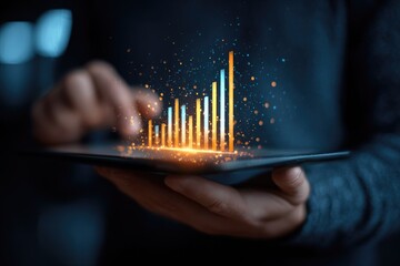 A person interacts with a glowing bar chart projecting from a tablet, symbolizing digital data analysis, business growth, and technological innovation with dynamic sparkles.