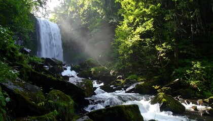 Waterfall Forest Sunlight Scene