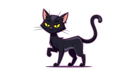 Sly Black Cat with Yellow Eyes Cartoon Illustration.