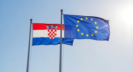 Croatian and European Union Flags Waving.