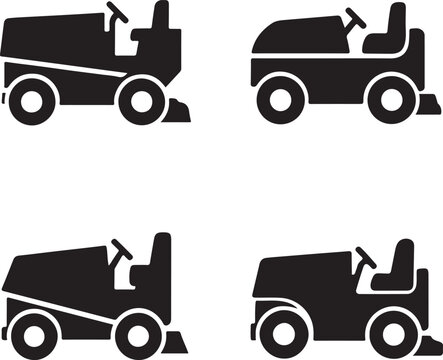 Zamboni vector icons, black ice resurfacer symbols, isolated editable design, minimal sports vehicle icons, modern zamboni illustration, flat bold shapes, hockey arena buyer focused