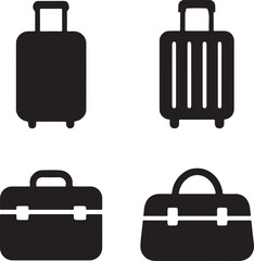 Suitcase vector icons, black travel luggage symbols, isolated editable design, minimal bag icons, modern suitcase illustration, flat bold shapes, vacation buyer focused
