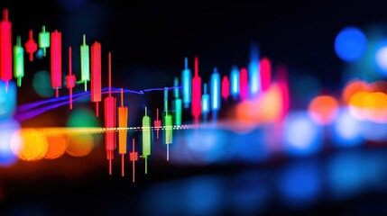 Colorful financial candlestick chart depicting market trends at night with blurred city lights in background