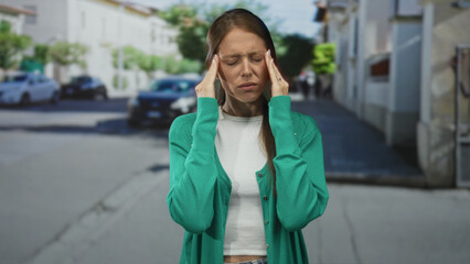 Woman pressing temples for headache on street, wearing green cardigan and white top, eyes closed...