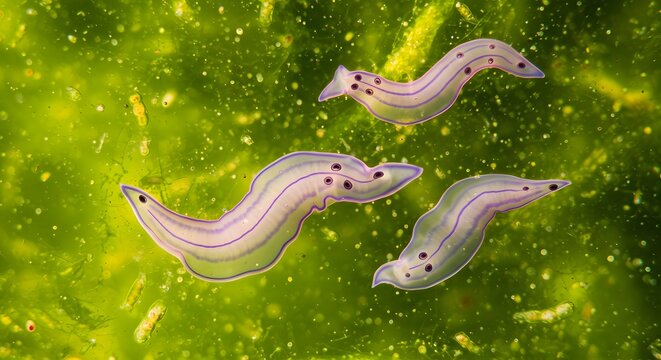 A close-up of flatworms on a surface, showcasing their elongated, flattened bodies with smooth textures and subtle coloration.