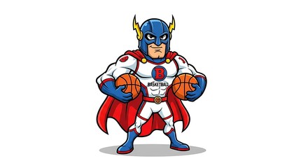 Superhero basketball player holding two basketballs ready for action.