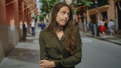 Fototapeta premium Hispanic woman shrugging with crossed arms and visible necklace on a busy city street among pedestrians; resignation doubt.