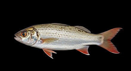 Fototapeta premium Common Rudd Fish with Red Fins Isolated on Black Background.