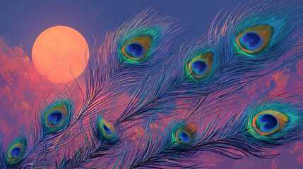 Obraz premium Vibrant peacock feathers glowing under full moon in surreal fantasy night background with elegant decorative presentation copy space.