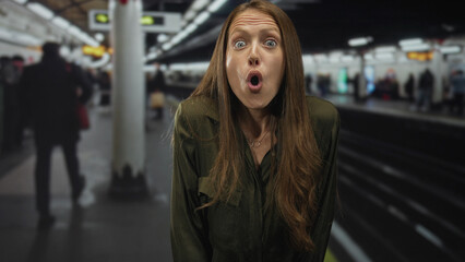 Woman gasps with mouth open and shoulders hunched in a crowded train station building, looking upward in alarm; surprise curiosity.