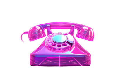 Holographic Pink Rotary Phone Floating in Futuristic Neon Grid, Transparent Background, PNG