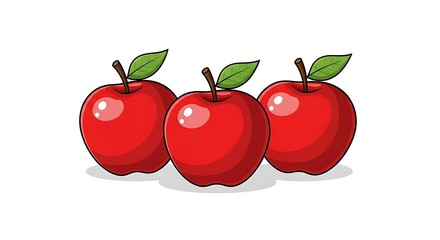 Three red apples with green leaves.