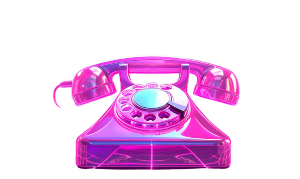Holographic Pink Rotary Phone Floating in Futuristic Neon Grid, Transparent Background, PNG