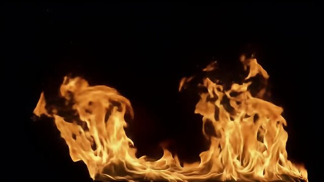 Isolated fire flames burning brightly on a black background, perfect for use as an abstract texture or overlay element