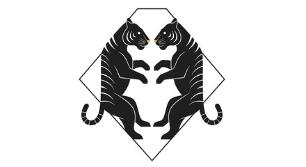 Two black tigers facing each other in a diamond shape.