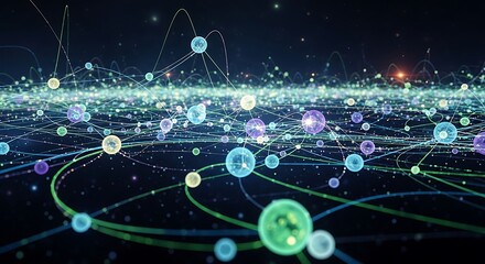Abstract digital network connections and data flow visualization.