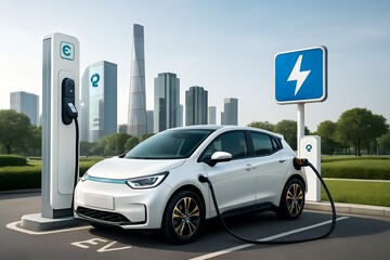 Modern white electric car charging at a station with city skyline background