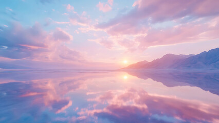 Naklejka premium Frozen tundra landscape at dawn with snowy peaks, shimmering ice crystals, and pink morning sky