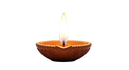 Earthen diya lamp with flame, traditional symbol of Diwali festival.