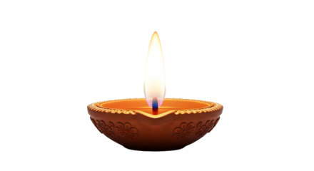 Earthen diya lamp with flame, traditional symbol of Diwali festival.