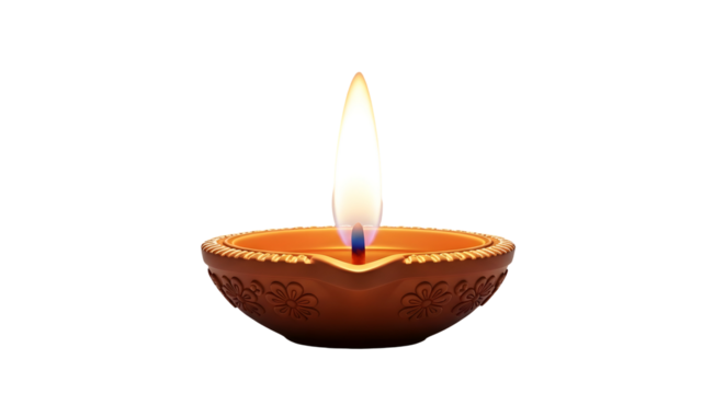 Earthen diya lamp with flame, traditional symbol of Diwali festival. - Powered by Adobe