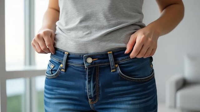 Woman in gray t-shirt and blue jeans holding waistband for fit adjustment at waist