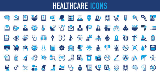 Set of Healthcare vector icon. Fitness, Health, Spa, Laboratory, Syringe, Cytoplasm, Science, Body, Glasses , Emergency, Medical, Pregnant, Magnifier, Scale, Injury, Human, Body Scanning illustration.