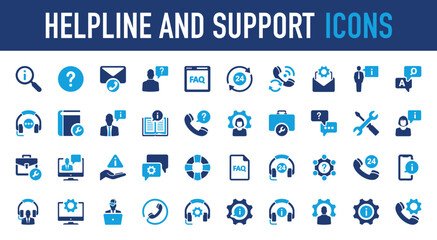 Set of Helpline and support vector icon. Question, Call, Hours, Help, Customer Service, Technology, Gear, Info, Repair, Question, Message, Information, Phone, Communication, Telephone illustration. 