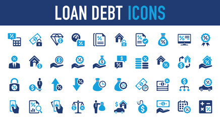 Set of Loan debt vector icon. Rate, Money, Bank, Loan, Discount, High, Car, Calendar, Note, Application, Down, Up, Percent, Mortgage, Search, Payment, Calculator, Security, Growth illustration. 