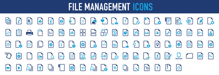 Set of File management vector icon. Seo, Sharing, Xml, Search, Check, Printer, Report, Paper, Delete, Document, Mark, Navigation, Folder, Man, Web, Video, Person, Sheet, WiFi, Upload illustration. 