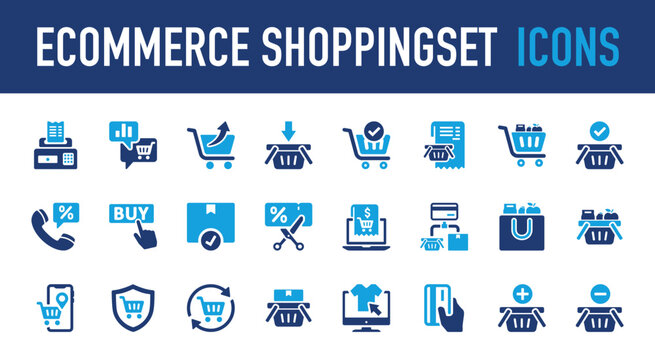 Set of E commerce shopping vector icon. Bag, GPS, Security, Cart, Shopping, Card, Add, Delete, Machine, Business, Call, Tag, Discount, Web illustration. 
