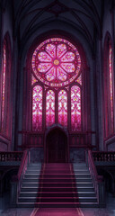 Fototapeta premium Grand gothic cathedral interior with ornate rose window and red carpeted staircase