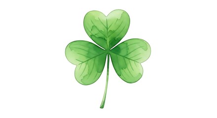 Watercolor painting of a green shamrock on a white background.