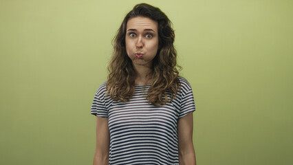 Young hispanic woman wearing a striped shirt with mouth open in surprise in a light green studio;...