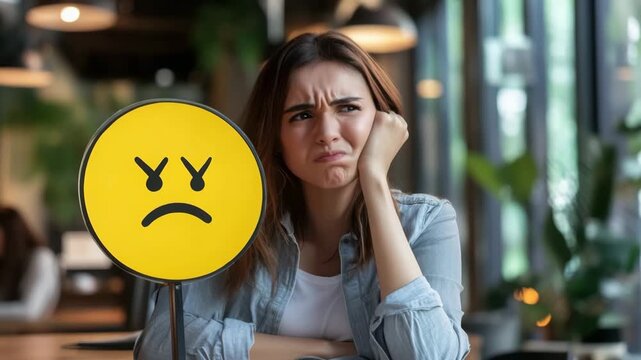 Woman expressing disappointment with sad emoji sign in hand at a table indoors looking upset