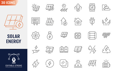 Solar Energy Line Editable Icons set. Containing icon : house, cell, battery and more. Vector illustration 