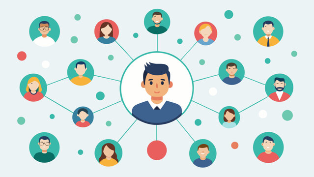A man is at the center of a large circle of people. The people are connected to the man in a web-like pattern. Concept of community and togetherness