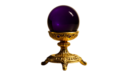 Mystical Purple Crystal Ball on Ornate Stand, Front View, Transparent Background, PNG
