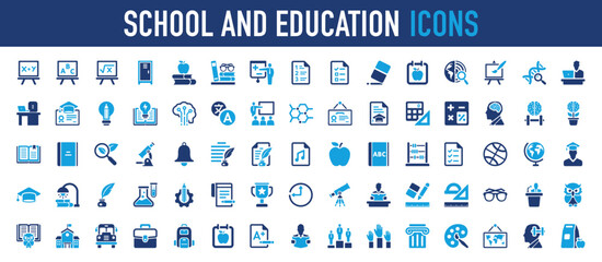 Set of School and education vector icon. Language, Draw, Sunglasses, Exercise, Work, Trophy, Clock, Science, Book, Speaker, Smart, Schedule, Report, Winner, Hand, Paint, Location illustration. 