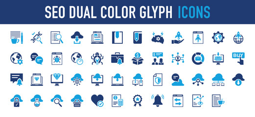 Set of Seo dual color glyph vector icon. Tag, Review, Bubble, Links, Dashboard, Invoice, Bell, Activity, View, Write, Writing, Database, Book, Think, Project,  Business, Settings, Setup illustration. 